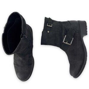 Clarks Plaza Float Boots Buckle Black Leather Suede Mid Calf 6